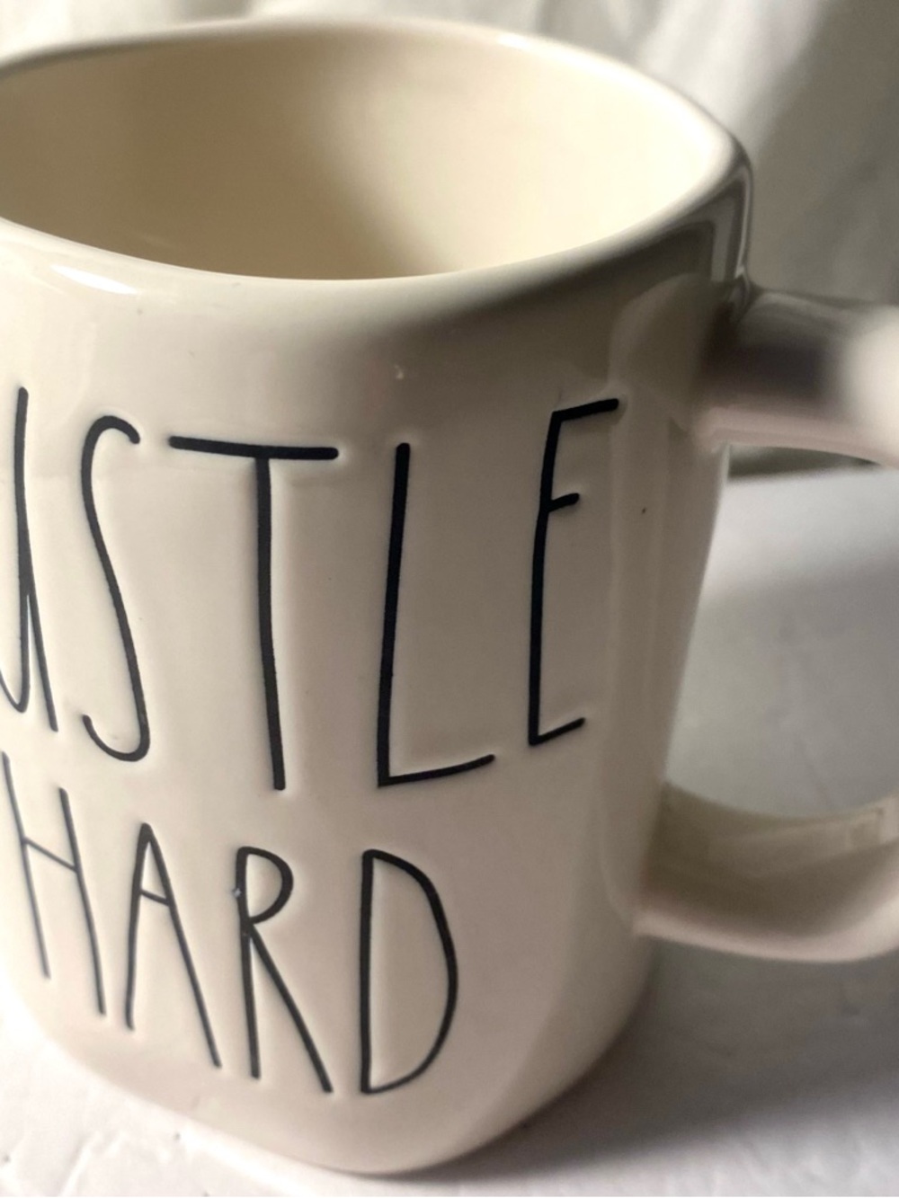 Rae Dunn White Ceramic Mug with Black Lettering - HUSTLE HARD